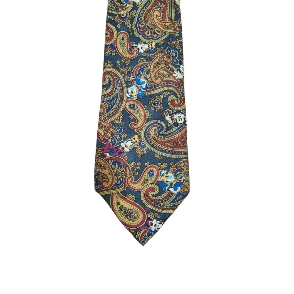 Vintage The Disney Store Mickey Donald Goofy Pluto Paisley Novelty Silk Necktie